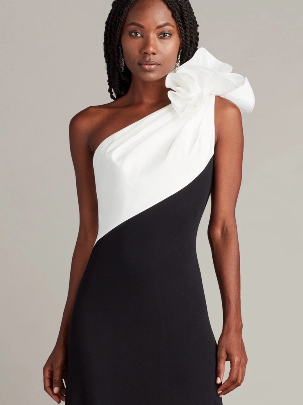 Tadashi Shoji Black and White One-Shoulder Dress with Sculpted Shoulder Flower